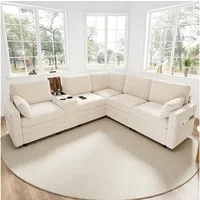 Merax Ecksofa L-Form Sofa mit wendbarer Mittelkonsole & USB-Anschlüssen, Modulares Sofa für Wohnzimmer & Schlafzimmer 1 Teile, 5-Sitzer-Sofa mit Getränkehaltern, 2 Zierkissen & Stauraum, Chenille