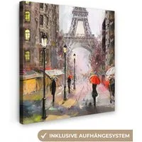 OneMillionCanvasses® Leinwandbild Kunstdrucke - Paris - Eiffelturm - Regenschirm - Ölfarbenoptik, Fotodruck (1 St), Wandbild, Deko Schlafzimmer Wohnzimmer Flur 20x20 cm