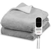 Grafner Heizdecke Wärmedecke Sherpa Fleece LED-Display 200x180cm Grau/Weiß