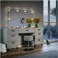 Vicco Schminktisch Anett, Grau, 150 cm mit LED Beleuchtung und Hocker (3-St)