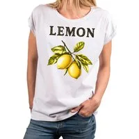 MAKAYA Kurzarmshirt mit Zitronen Print für Damen Modern Lässig Elegant (Weiß, Rosa, Grau, Grün, 34, 36, 38, 40, 42, 44, 46, 48, 50) aus Baumwolle