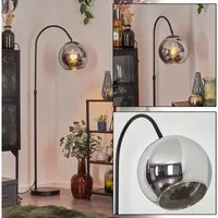 hofstein Bogenlampe Stehlampe aus Metall/Glas in Schwarz/Chrom/Rauch, ohne Leuchtmittel, Industrial-Design Leuchte m. Glasschirm (25cm) u. Fußschalter, 1xE27