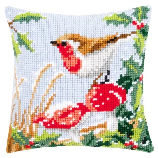 Kreuzstichkissen "Rotkehlchen & Fliegenpilz Winter"