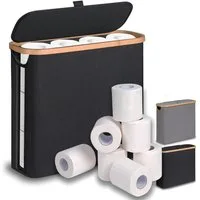 SURFOU Toiletten-Ersatzrollenhalter 28 L Toilettenpapier Aufbewahrungskorb mit Bambusdeckel (Schmaler Badezimmer Organizer für 9–12 Rollen Klopapier – faltbarer Aufbewahrungskorb mit Bambusrahmen, 1-St., Oxford-Gewebe und Deckel, ideal für kleine Räu