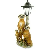 Kremers Schatzkiste Gartenfigur Erdmännchen Familie mit Solarlaterne Gartenfigur 51 cm Tierfigur
