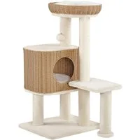 Yaheetech Kratzbaum 91 cm (H), Katzenbaum mit Liegeplatz & Katzenhaus & Plüschball, Rattan-Optik