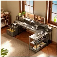 ODK Schreibtisch U-Form, mit Schubladen, Steckdosen & USB-Ladeanschluss (1-St), Gamingtisch mit Monitorständer & Stauraum 172 x100 x 89 cm