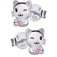 Limana Paar Ohrstecker Ohrringe echt 925 Sterling Silber Katze Herz für Mädchen Damen Kinder (inkl. Schmuckbox), Geschenk Weihnachtsgeschenk Silberschmuck Kinderschmuck Mädchenschmuck