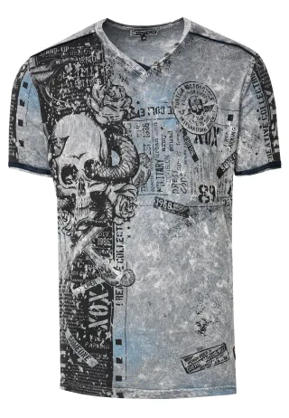 V-Neck T-Shirt mit All Over Skull X Snake Print und Wildleder-Details
