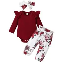 Gluckids Shirt, Leggings & Haarband Baby Mädchen Langarm Body Strampler Rüschen Blumen Hosen+Stirnband Set (3-tlg) Einfarbige Pullover Strampler Top Babykleidung Outfit, 0-18 Monate