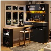 Flieks Buffet Küchenschrank Küchenbuffet mit 360° drehbar Esstisch (Buffetmaße: 119,2x44,8x177,7 cm, Tischplattemaße: 137x59 cm, 2-St., mit Acryl-Schiebetür und Schubladen) Hochschrank mit LED-Beleuchtung & Stecktafel, Arbeitstisch mit Ablagen