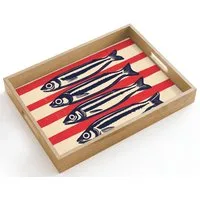 OnlyWow Tablett Rechteckig mit Henkel Sardinen - Rot und beige gestreift, Eichenholz, (1-tlg), Siervierplatte, Tray, Frühstücksbrett