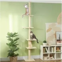 PawHut Kratzbaum Deckenhoch, 225-275 cm, mit Plattformen, mit Kippschutz, Cremeweiß