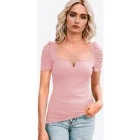 Imily Bela T-Shirt Damen Geripptes mit Puffärmeln Quadratischer Kragen und V-Notch (Packung, 1-tlg., 1per-Pack) in Unifarbe