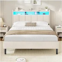 MSMASK Polsterbett mit integrierter LED-Beleuchtung und Ladestation, Stauraumbett (Ohne Matratze), Jugendbett Doppelbett mit Holzlattenrost, 140x200cm