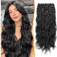 LuxusKollektion Kunsthaar-Extension Clip in Schwarz Haarverlängerung Damen 50CM Lang Wellig Haarextension