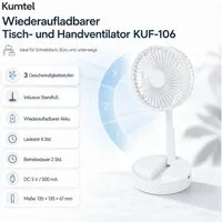 KUMTEL Tischventilator, 13,5 cm Durchmesser, 4 Stunden Ladezeit, 2-in-1-Verwendung, Øxh : 135 x 67 mm