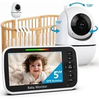 Whraills Babyphone Babyphone mit Kamera und Halterung, 2.4GHz FHSS, 6000mAh, Nachtsicht, 5" Monitor und 4x Zoom ECO/VOX, Temperaturalarm und Flexible Halterung