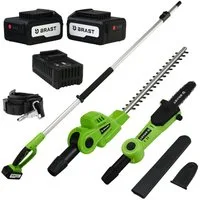 BRAST Heckenschere Teleskop- und Hochentaster, 2in1 Funktion, 2x 20V 4Ah Akkus, (inkl. Schnellladegerät), gummierter Griff + Schultergurt