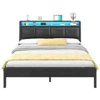 KIMENICH Polsterbett mit RGB-LED-Beleuchtung und Ladestation, Plattformbett Doppelbett (Ohne Matratze), Offenes Kopfteilfach mit Steckdosen, 105° Neigung, 140x200cm