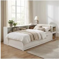 REDOM Stauraumbett Ausziehbett 90/180x200 cm Raumsparbett mit integriertem Schreibtisch (Packung, 1-tlg., Inkl. Leseecke & Lattenrost, ideal für kleine Räume), Ausziehbarer Rahmen, Stromanschluss & Stauraum(ohne Matratze)