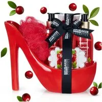 BRUBAKER Pflege-Geschenkset Dusch- und Badeset, Pflegeset Rot, 6-tlg., Damen Geschenkset in Keramik Stiletto, Beauty Set mit Cranberry Duft