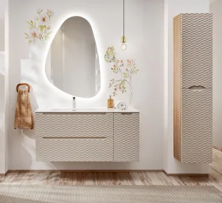 Badmöbel Set 4-tlg Badezimmerset LAXY Eiche Beige Regal rechts inkl. Waschtisch