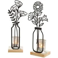 Dekoleidenschaft Teelichthalter "Metallblumen" matt schwarz, 27 cm hoch, Kerzengläser, Kerzenständer (2 St., im Set), auf Holz-Sockel, Metall Deko mit Windlicht-Glas