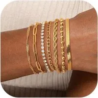 LuxusKollektion Ketten und Armband Set Armbänder 7er Set Twist Figaro Verstellbar CZ Silber Damen Gold