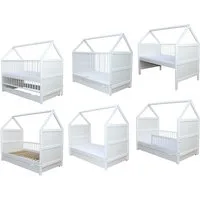 Micoland Hausbett Babybett Haus 140x70cm + Matratze + Schublade 0-6 Jahre (Bett mit Lattenrost, Matratze, Schublade, hohen und niedrigen Gittern), Hausbett mit Matratze, Schublade, umbaubar zum Juniorbett