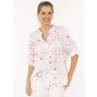 Zwillingsherz Kurzarmbluse "Paisley Dreams" Musselin, Paisley Muster, umgeschlagene Ärmel, V-Neck mit Knopfleiste