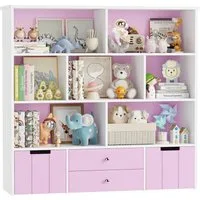 Homfa Kinderregal mit 2 Spielzeugkisten auf Rollen und 2 Schublade, Spielzeugregal mit 7 offenen Fächern Spielzeugtruhe 125x120x33cm weiß