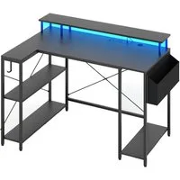 COSTWAY Computertisch, mit Steckdosen, LEDs, Monitorständer, Regalen & Tasche