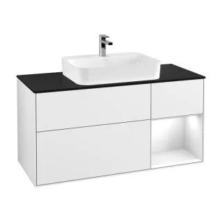 Villeroy und Boch Finion Waschtischunterschrank F422GFGF 120cm, Abdeckplatte black matt, Regal rechts Glossy white lacquer, Glossy white lacquer