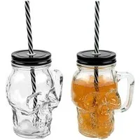 Sinoba Gläser-Set 3D Totenkopf Trinkglas Set Trinkgläser Garten Party Halloween Sommer, 2-tlg., mit Deckel und stabilem Strohhalm aus Glas 450ml
