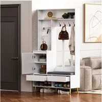KLAM HOME Garderoben-Set Wandgarderobe, Flurgarderobe Set mit Schuhbank,100Lx35Bx180H cm, Garderoben Set mit 4 Kleiderhaken, zwei Schubladen und 1 Türen