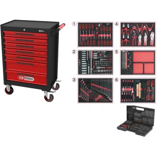 KS Tools ECOline SCHWARZ/ROT Werkstattwagen mit 7 Schubladen und 598 Premium-Werkzeugen - 897.7598