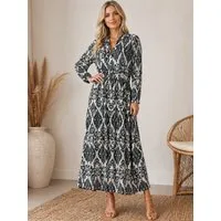Kendindza Collection Maxikleid Sommerkleid Damen Lang Viskose Elegantes Sommer Kleid lang Maxi Kleid Ikat-Print Knopfleiste & Schnurbund, Luftig Leicht