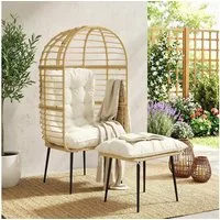 Outsunny Rattanstuhl Hocker Korbsessel mit langen & dicken Kissen Metallrahmen (Gartensessel, 2 St), für Wohnzimmer Garten Balkon Terrasse Beige