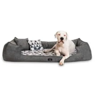 Tierlando ® Orthopädisches Hundebett VELVET Samt Velours Dreiecke geometrisch anthrazit/ creme 1,1 m, 25 cm, 90 cm
