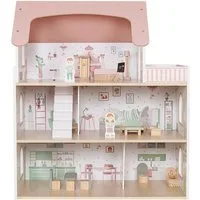 TikTakToo Puppenhaus Holzpuppenhaus Rosa mit 14-teiligem Zubehörset, Fördert Kreativität, Fantasie und Rollenspiel bei Kindern