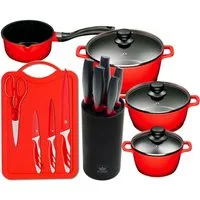 KING Topf-Set Aluguss Red, Aluminiumguss (Set, 15-tlg., 4Töpfe,3 Deckel,1 Messerblock,5 Kochmesser,Messer-Set + Schneidebrett), Induktion