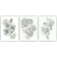 Tigerlino Poster Botanische Poster 3er Set Salbeigrün Blumen Line Art Wandbilder