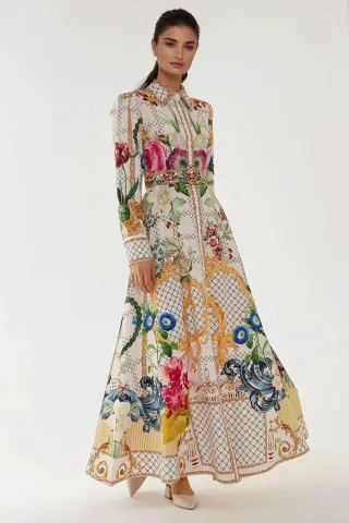 Bedrucktes Maxi-Kleid mit langen Ärmeln und Gürtel