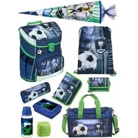 Scooli Schulranzen Campus Fit Fussball Schultasche, Soccer blau, ab 1. Klasse (Komplett-Set, 10-tlg., mit Lunch-Set, Sporttasche und Schultüte 85 cm), mit Brustgurt, 980 Gramm leicht, 18L Volumen