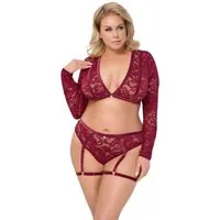 Cottelli CURVES Set: Bügelloser BH 2 tlg. Dessous-Set: Langarm-Top und Straps-Slip - rot (2-tlg) Abnehmbare Strapse mit Schenkelriemen