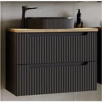 Lomadox Waschtisch NEWPORT-56-BLACK, in schwarz mit Eiche, gerillte Front, schwarzes Keramikwaschbecken