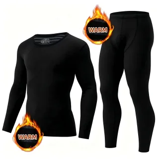 TENGOO 2 Pcs Men's Fleece Thermal Base Layer Set, Warm Compression Top & Leggings Long Johns, Breathable Black Cold Weat