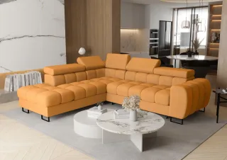 Ecksofa Schlafsofa BASTIEN MAX in Stoff Moly Senfgelb Ottomane Links
