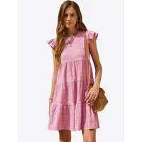 Imily Bela Babydollkleid Damen Lockeres Minikleid mit Rüschen Besatzung (Packung, 1-tlg., 1per-Pack) in Unifarbe